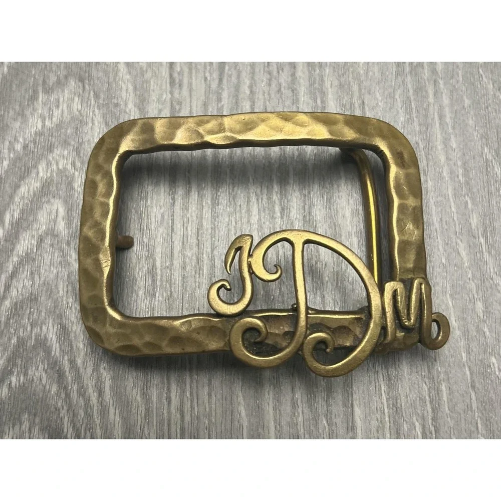 Vintage Dick Peck Belt Buckle Mens Brass Hammered Monogram JDM Signed 1976 1970s